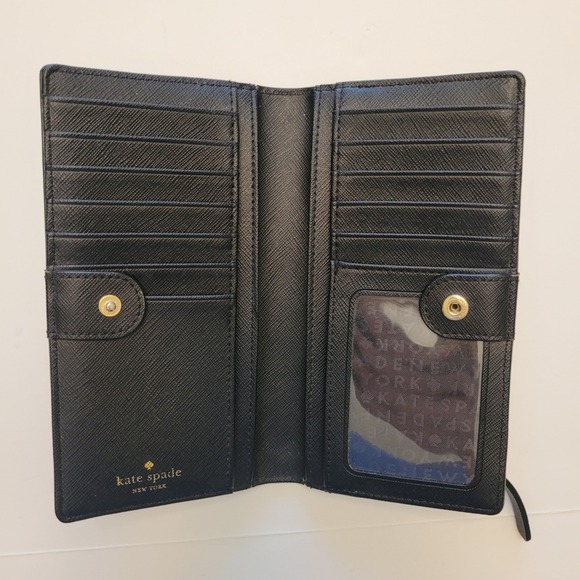 Kate Spade New York Bifold Wallet Beige Black Leather Coin Zip Card Slots - Picture 3 of 11